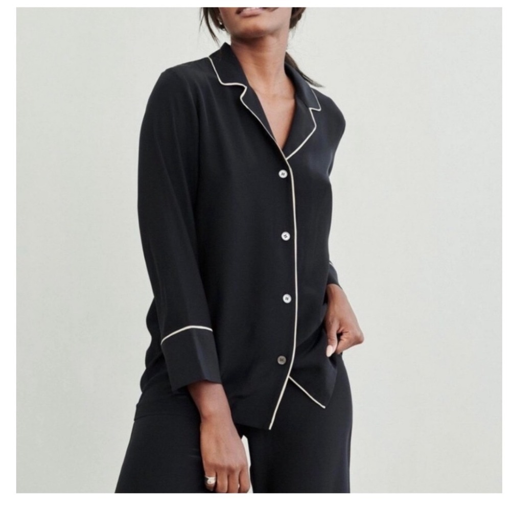 Jenni Kayne Black Silk Pajama Shirt Long Sleeve Contrast Piping Top‎ Womens L